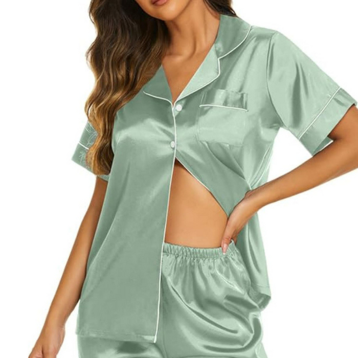 Short Sleeve Satin Top And Shorts Set