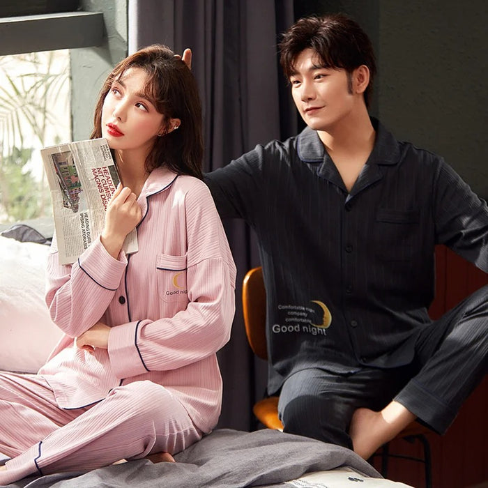 Button Up Couple Pajama Set With Embroidery