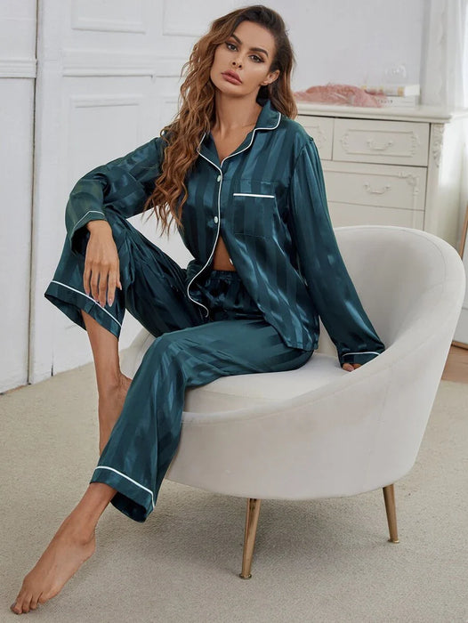 Striped Satin Pajama Set With Contrast Trim