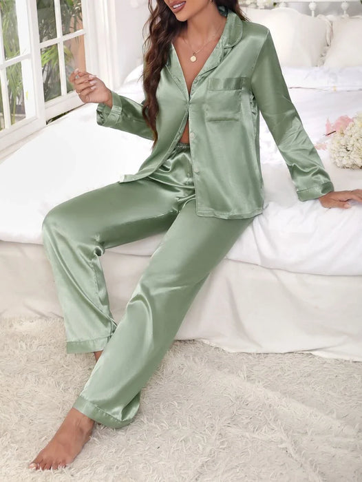 Solid Contrast Trim Satin Pajama Set