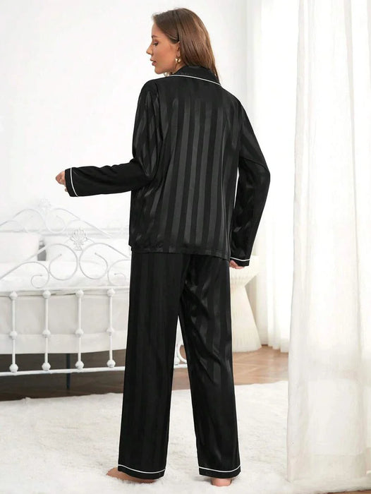 Striped Satin Pajama Set With Contrast Trim