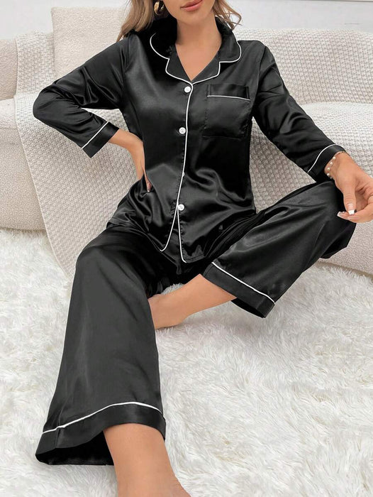 Solid Contrast Trim Satin Pajama Set