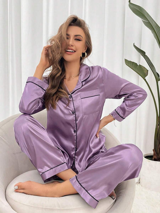 Solid Contrast Trim Satin Pajama Set