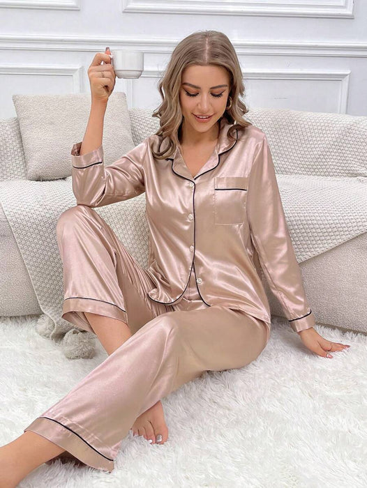 Solid Contrast Trim Satin Pajama Set