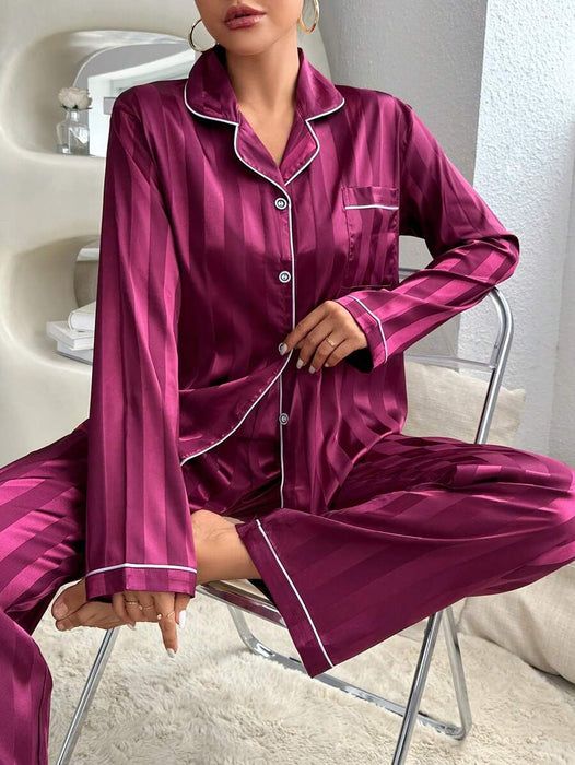 Striped Satin Pajama Set With Contrast Trim