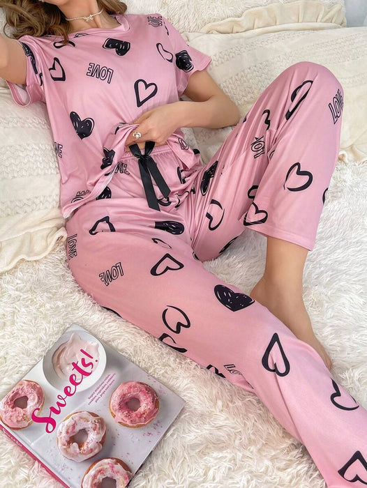 Cordate Pattern Text Print Pajama Set