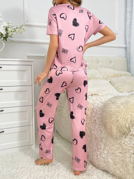 Cordate Pattern Text Print Pajama Set