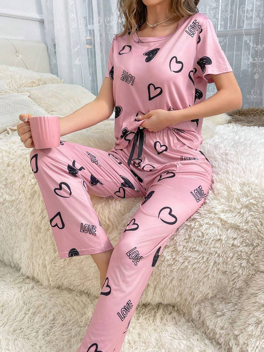 Cordate Pattern Text Print Pajama Set