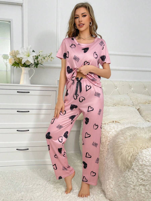 Cordate Pattern Text Print Pajama Set