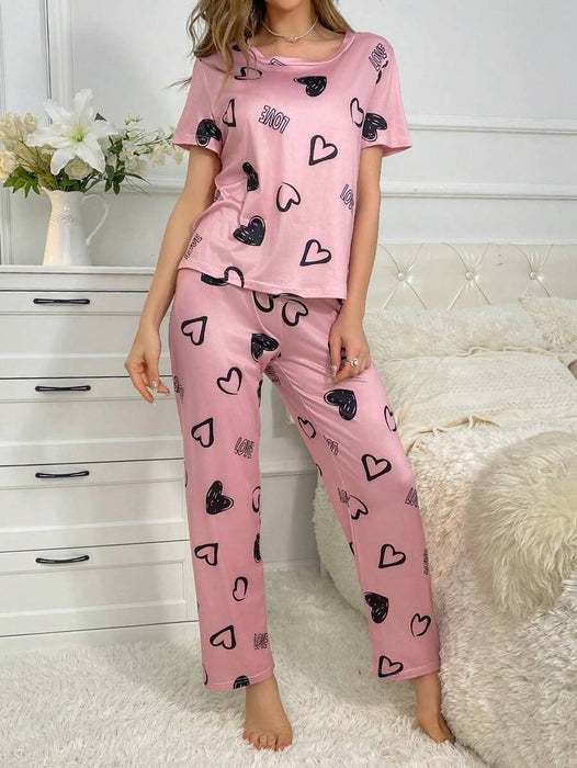 Cordate Pattern Text Print Pajama Set