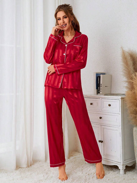 Striped Satin Pajama Set With Contrast Trim