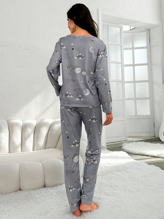 Moon And Rainbow Print Pajama Set