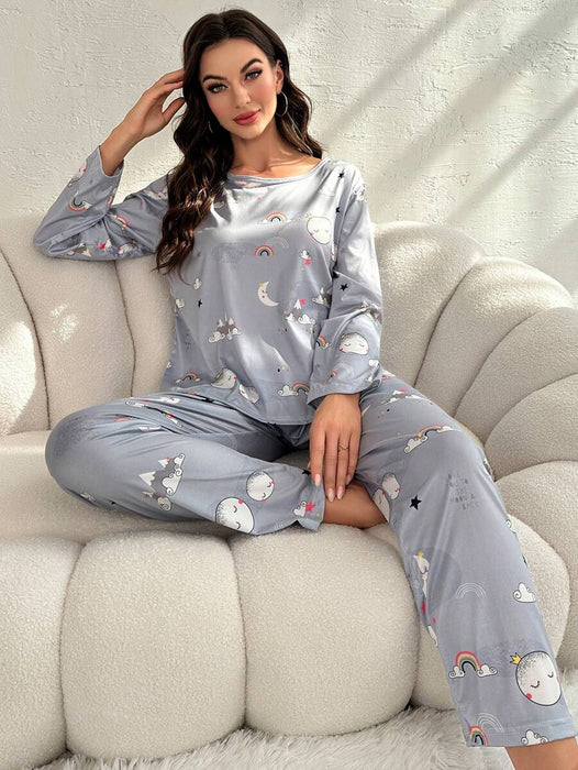 Moon And Rainbow Print Pajama Set