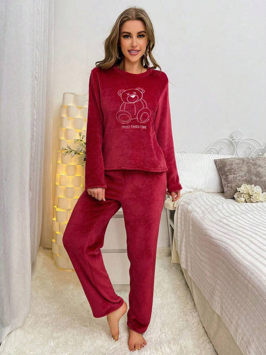 Flannel Bear Embroidered Long Sleeve Top And Pants Set