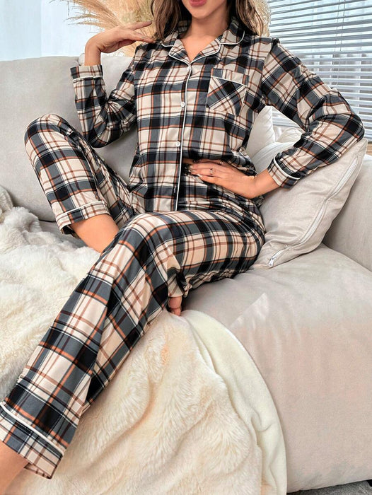 Plaid Pattern Pajama Set With Contrast Details