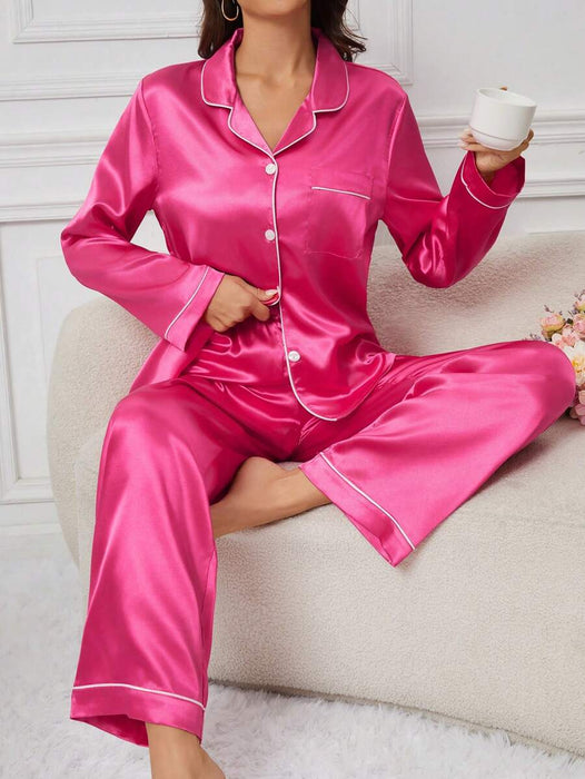 Solid Contrast Trim Satin Pajama Set