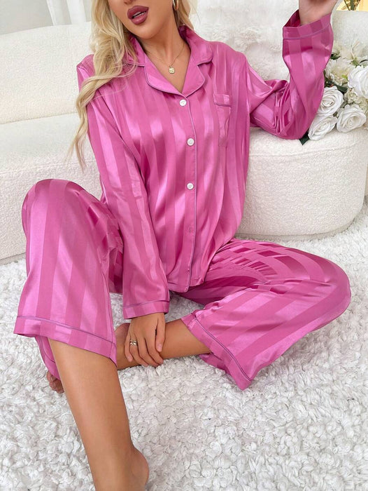 Striped Satin Pajama Set With Contrast Trim