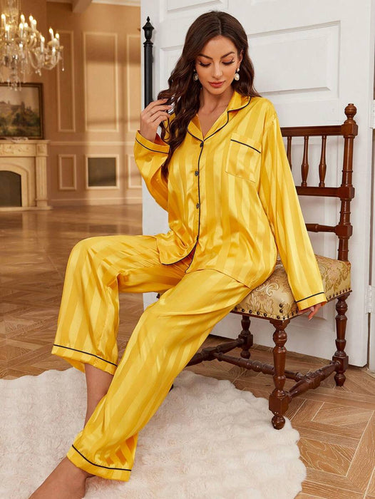 Striped Satin Pajama Set With Contrast Trim