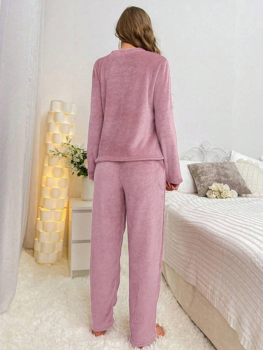 Flannel Bear Embroidered Long Sleeve Top And Pants Set