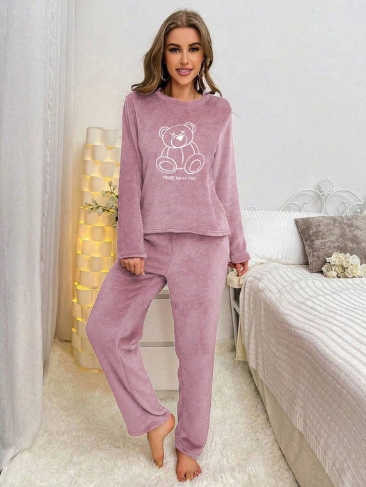 Flannel Bear Embroidered Long Sleeve Top And Pants Set