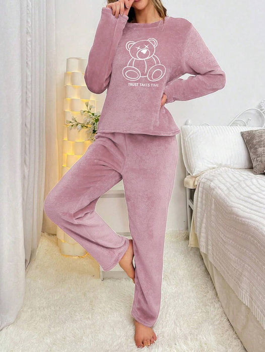 Flannel Bear Embroidered Long Sleeve Top And Pants Set