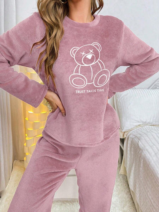 Flannel Bear Embroidered Long Sleeve Top And Pants Set