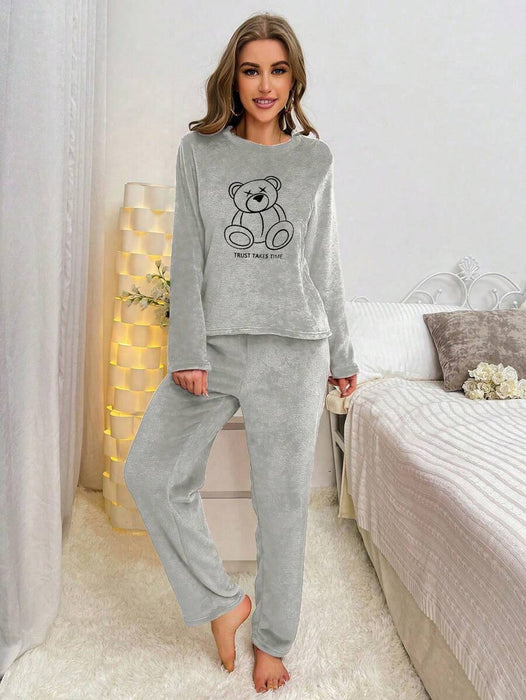 Flannel Bear Embroidered Long Sleeve Top And Pants Set