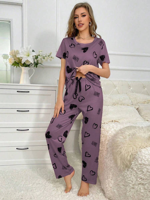 Cordate Pattern Text Print Pajama Set