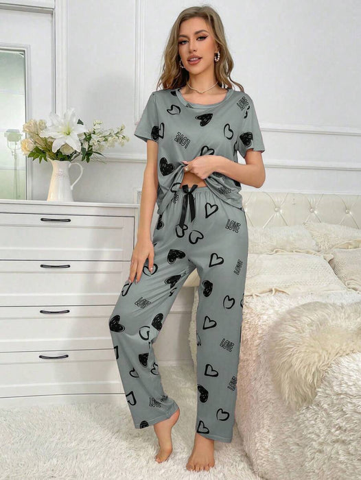 Cordate Pattern Text Print Pajama Set