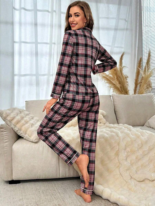 Plaid Pattern Pajama Set With Contrast Details