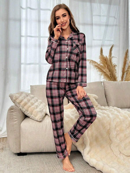 Plaid Pattern Pajama Set With Contrast Details