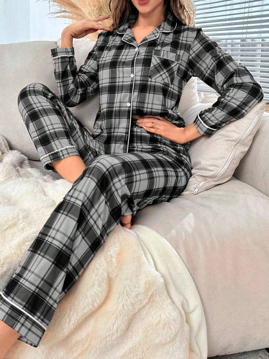 Plaid Pattern Pajama Set With Contrast Details