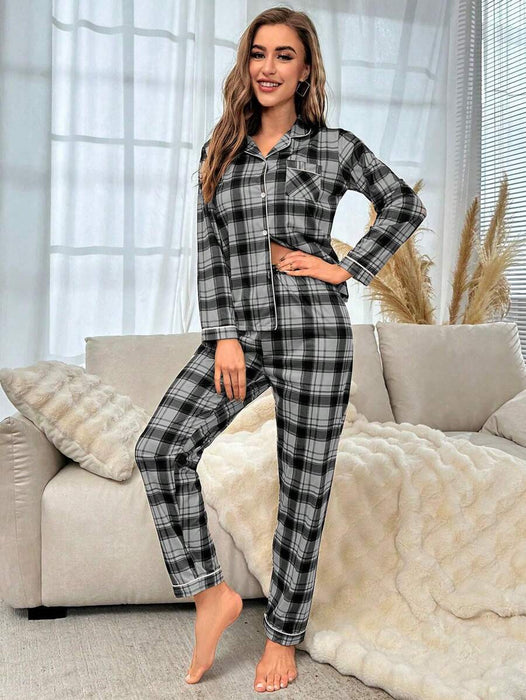 Plaid Pattern Pajama Set With Contrast Details