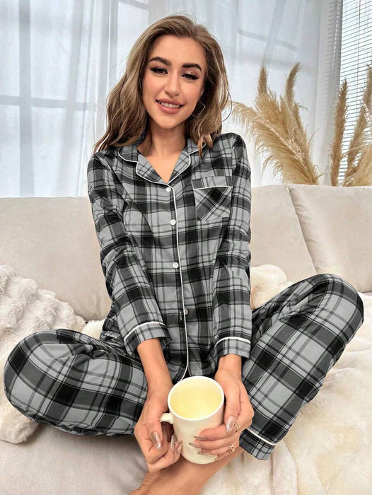 Plaid Pattern Pajama Set With Contrast Details