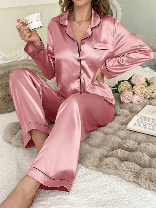 Solid Contrast Trim Satin Pajama Set