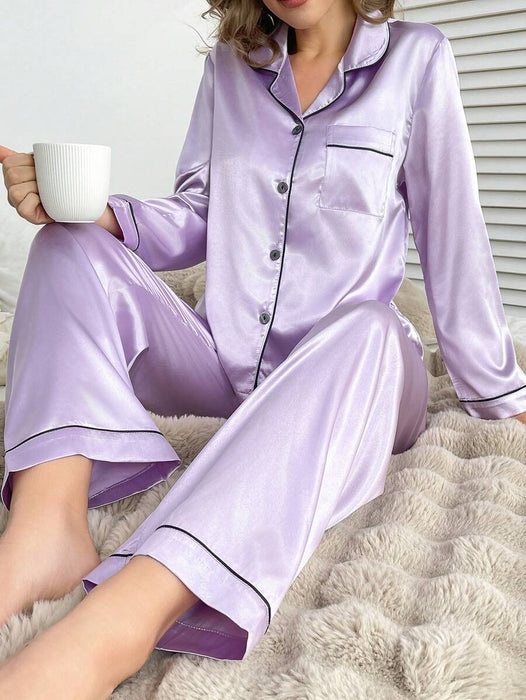 Solid Contrast Trim Satin Pajama Set