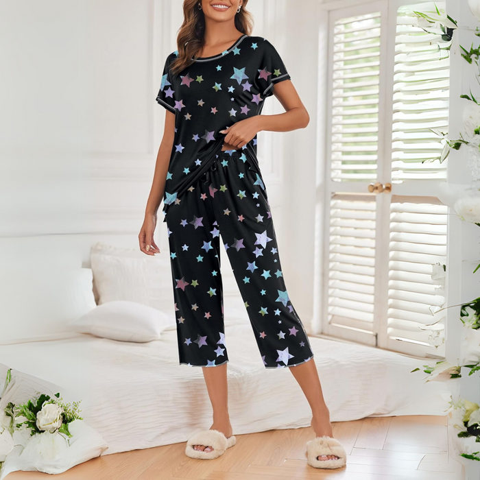 Star Print Capri Pajama Set With Short Sleeve Top