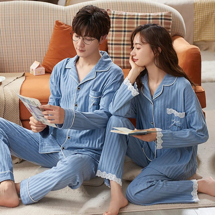 Comfy Long Sleeve Button Up Top And Couple Pajamas Set