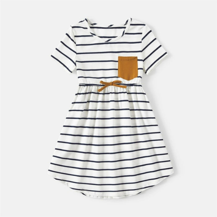 Striped Family Matching And Dresses Set with Pocket