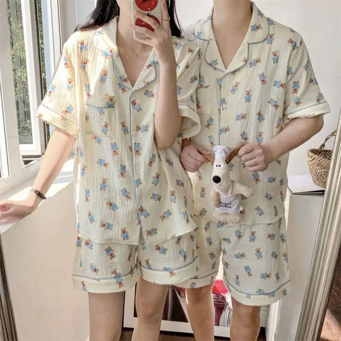 Cartoon Printed Short Sleeve Couple Pajama Set