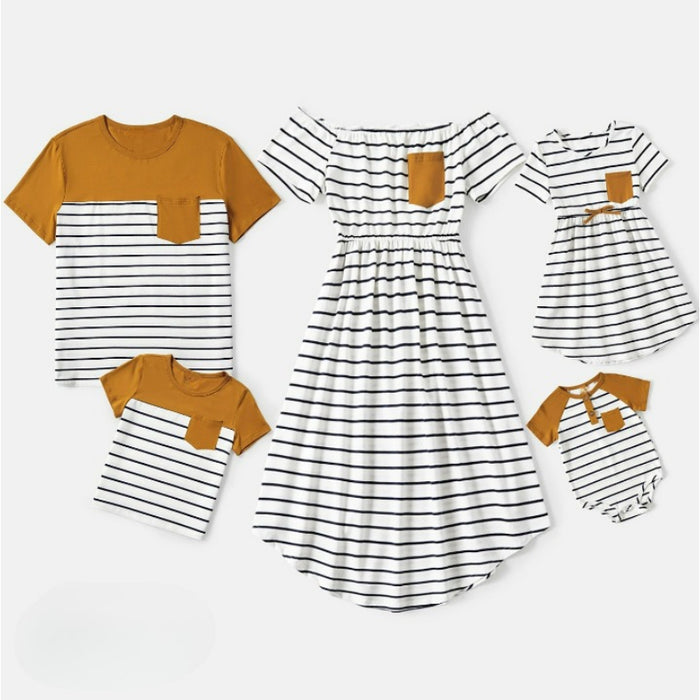 Striped Family Matching And Dresses Set with Pocket