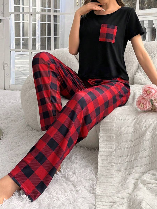 2 Piece Plaid Pajama Set With Pockets