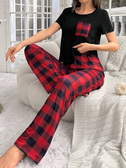 2 Piece Plaid Pajama Set With Pockets