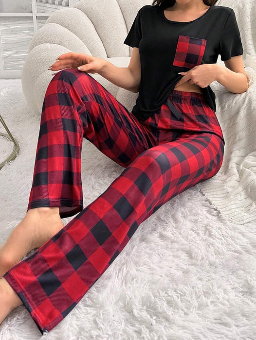 2 Piece Plaid Pajama Set With Pockets