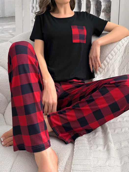 2 Piece Plaid Pajama Set With Pockets