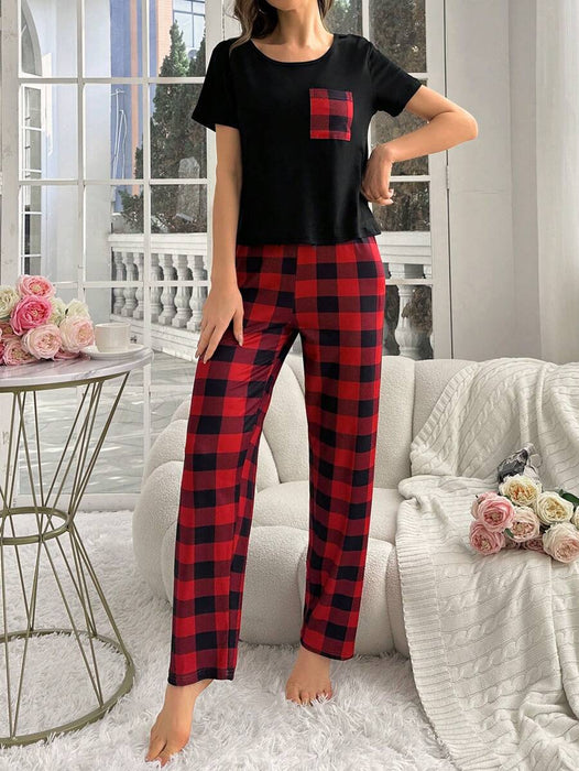 2 Piece Plaid Pajama Set With Pockets