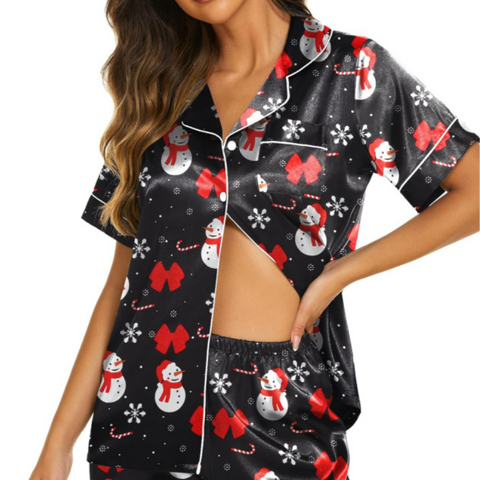 Holiday Themed Satin Short Sleeve Top And Shorts Set