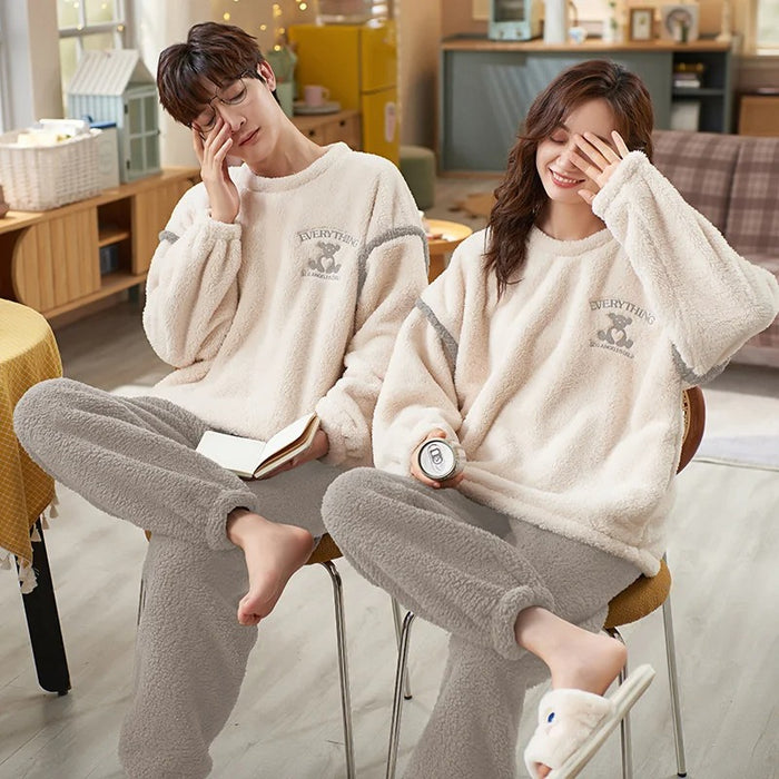 Cozy Cartoon Print Fleece Couple Pajama Set