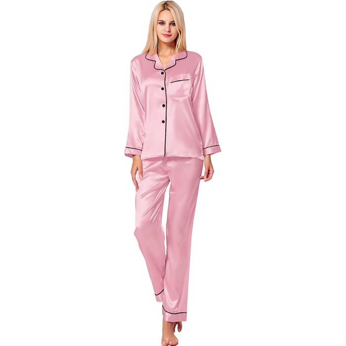 Long Sleeve Satin Pajama Set With Button Front