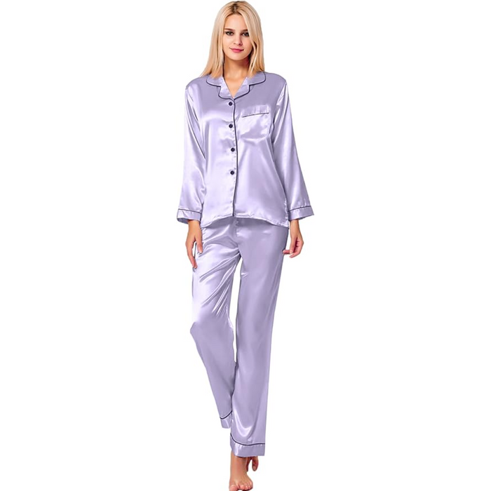 Satin Pajama Set with Long Sleeves And Button Up Design